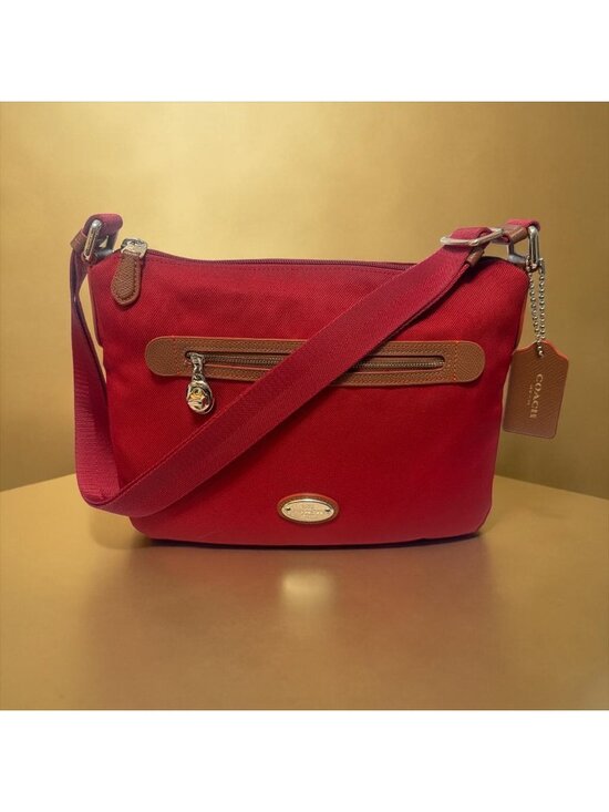 Coach Handbags - Coach Sawyer Crossbody F37239 Red Poly Twill Saddle Leather Trim Convertible Bag